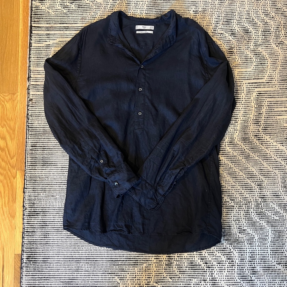 Mango Men's Black Linen Casual Button Down Shirt
